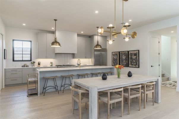 Dining room, Interior, Kitchen, Pendant Lights, Recessed Lighting, Stainless Steel Appliances, Wood Texture Flooring