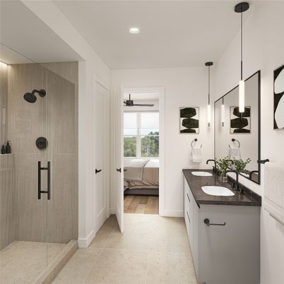 Bathroom, Bedroom, Dual Sink Vanities, Glass Shower, Interior, Pendant Lights, Recessed Lighting, Wood Texture Flooring