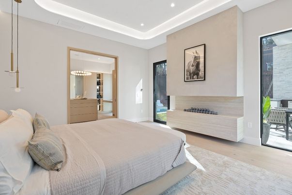 Bedroom, Interior, Pendant Lights, Recessed Lighting, Wood Texture Flooring