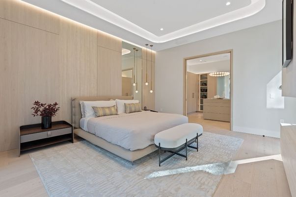 Bedroom, Interior, Pendant Lights, Recessed Lighting, Wood Texture Flooring