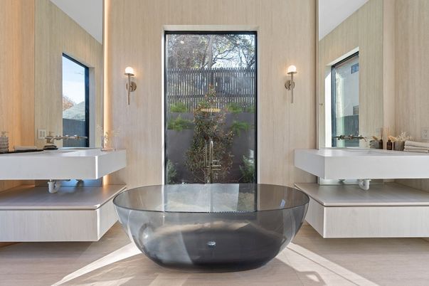 Bathroom, Free Standing Baths, Interior, Wood Texture Flooring