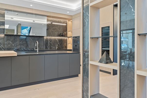 Interior, Kitchen, Marble Walls, Pendant Lights, Recessed Lighting, Wood Texture Flooring