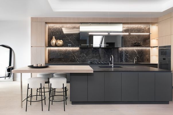 Interior, Kitchen, Marble Walls, Pendant Lights, Wood Texture Flooring