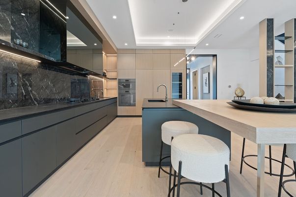 Interior, Kitchen, Pendant Lights, Recessed Lighting, Stainless Steel Appliances, Wood Texture Flooring