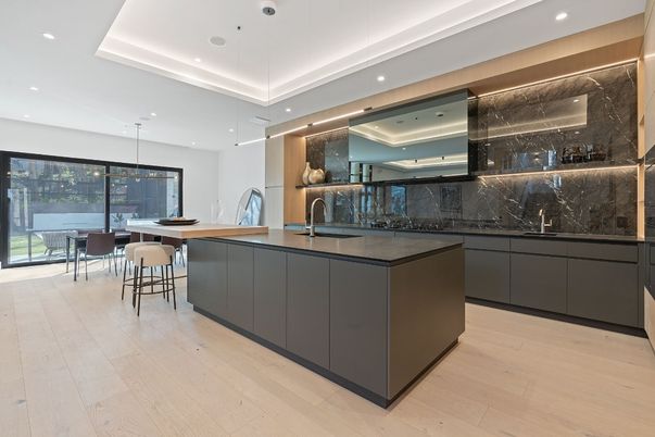 Dining room, Interior, Kitchen, Marble Walls, Pendant Lights, Recessed Lighting, Wood Texture Flooring