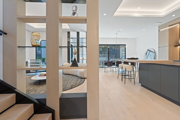 Dining room, Interior, Kitchen, Pendant Lights, Recessed Lighting, Wood Texture Flooring