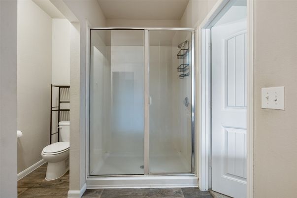 Bathroom, Glass Shower, Interior, Wood Texture Flooring