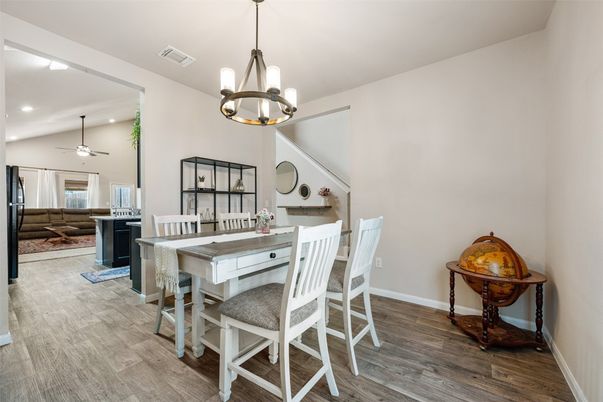 Dining room, Interior, Pendant Lights, Recessed Lighting, Wood Texture Flooring