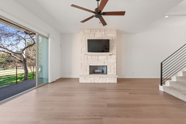 Empty room, Fireplace, Interior, Recessed Lighting, Wood Texture Flooring