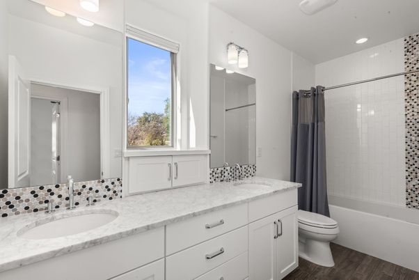 Bathroom, Dual Sink Vanities, Interior, Recessed Lighting, Wood Texture Flooring
