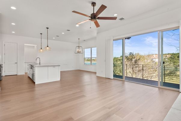 Empty room, Interior, Kitchen, Pendant Lights, Recessed Lighting, Wood Texture Flooring