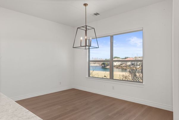 Empty room, Interior, Pendant Lights, Water, Wood Texture Flooring