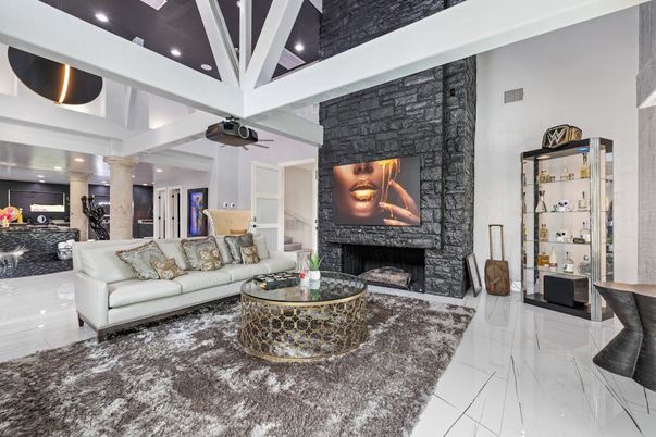 Fireplace, Interior, Living room, Marble, Recessed Lighting, Stone Walls