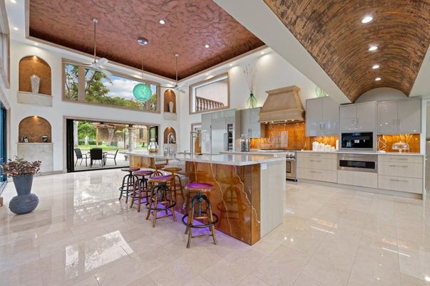 Interior, Kitchen, Pendant Lights, Recessed Lighting, Stainless Steel Appliances, Wooden Ceilings