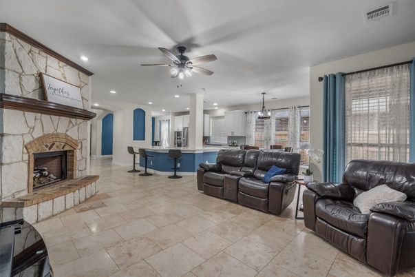 Fireplace, Interior, Kitchen, Living room, Pendant Lights, Recessed Lighting, Stone Walls