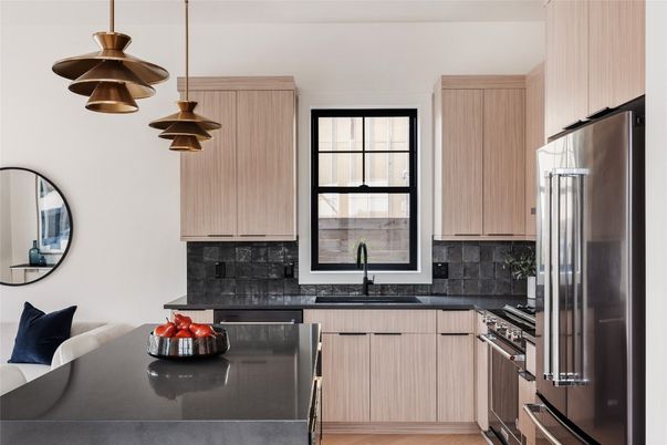 Interior, Kitchen, Pendant Lights, Stainless Steel Appliances, Wood Texture Flooring