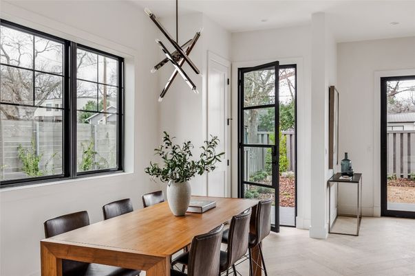 Dining room, Interior, Pendant Lights, Recessed Lighting, Wood Texture Flooring