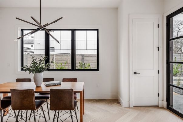 Dining room, Interior, Pendant Lights, Wood Texture Flooring