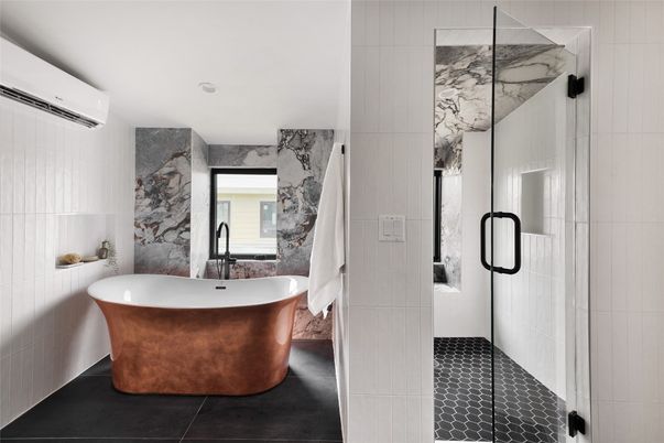 Bathroom, Free Standing Baths, Glass Shower, Interior, Marble Walls