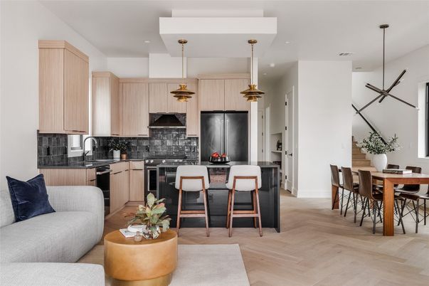 Dining room, Interior, Kitchen, Living room, Pendant Lights, Recessed Lighting, Wood Texture Flooring