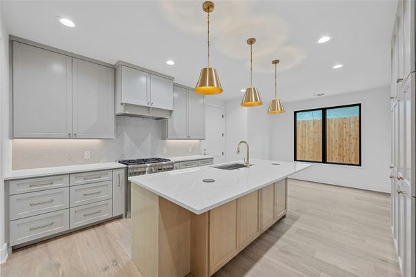 Interior, Kitchen, Pendant Lights, Recessed Lighting, Stainless Steel Appliances, Wood Texture Flooring