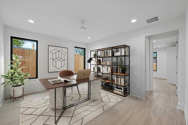 Home Office, Interior, Recessed Lighting, Wood Texture Flooring