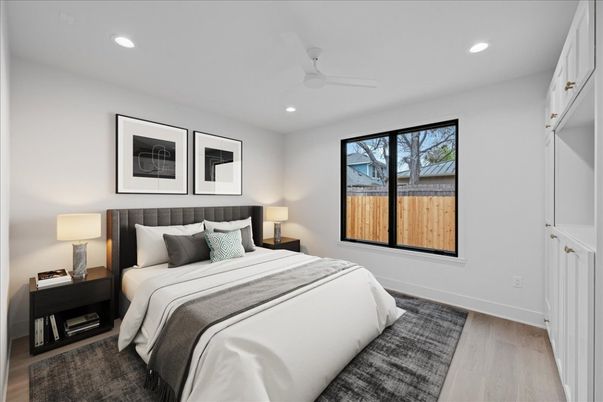 Bedroom, Interior, Recessed Lighting, Wood Texture Flooring