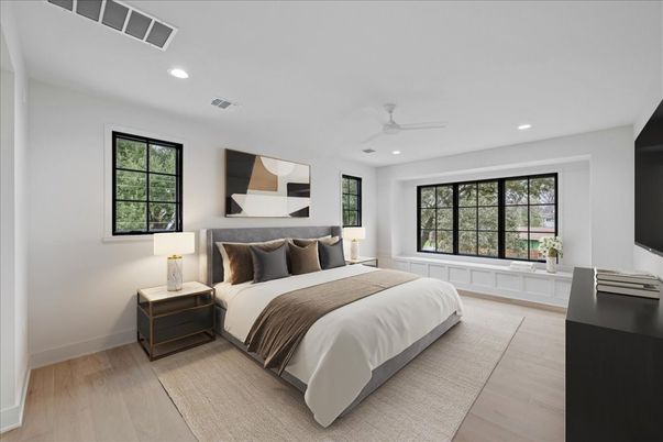 Bedroom, Interior, Recessed Lighting, Wood Texture Flooring
