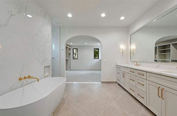 Bathroom, Dual Sink Vanities, Free Standing Baths, Interior, Marble Walls, Recessed Lighting