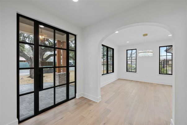 Chandelier, Empty room, Interior, Recessed Lighting, Wood Texture Flooring