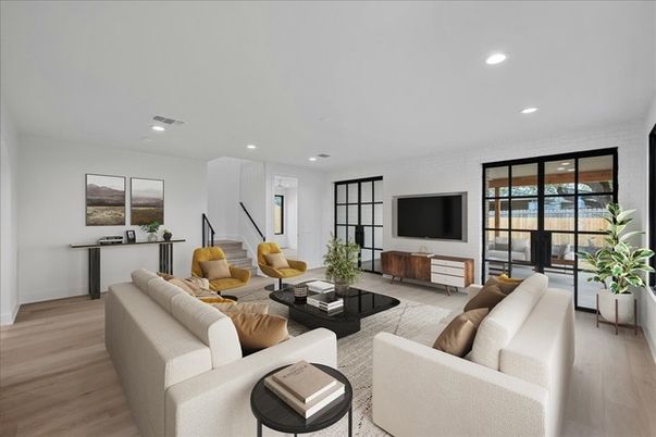 Interior, Living room, Recessed Lighting, Wood Texture Flooring