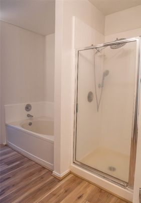 Bathroom, Glass Shower, Interior, Wood Texture Flooring