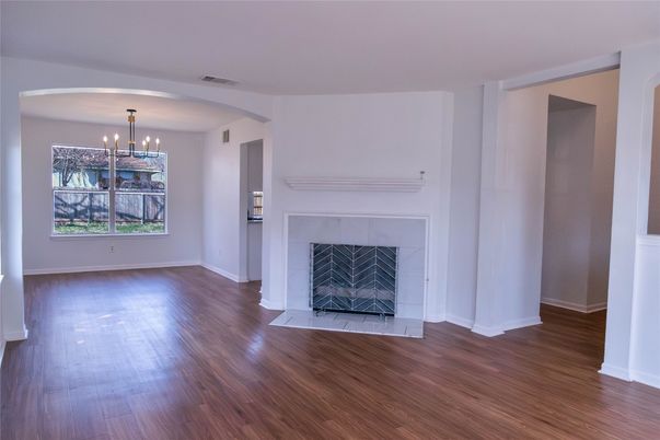 Chandelier, Empty room, Fireplace, Interior, Wood Texture Flooring