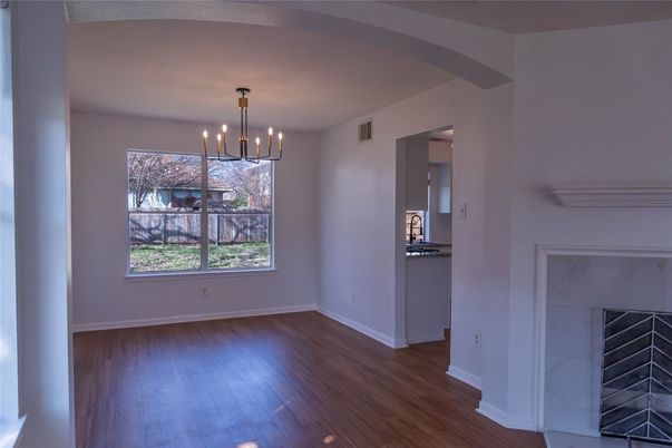 Empty room, Fireplace, Interior, Pendant Lights, Wood Texture Flooring