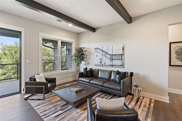 Interior, Living room, Recessed Lighting, Wooden Beams, Wood Texture Flooring
