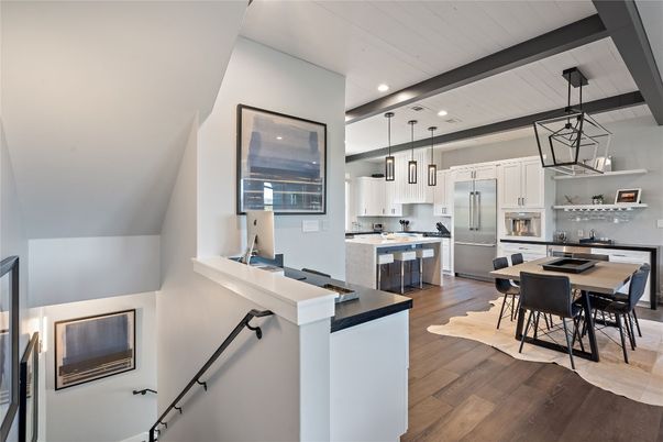 Dining room, Interior, Kitchen, Pendant Lights, Recessed Lighting, Stainless Steel Appliances, Wood Texture Flooring