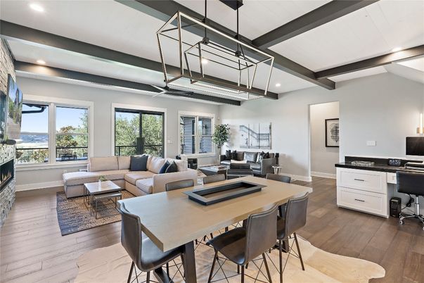 Dining room, Fireplace, Interior, Kitchen, Living room, Pendant Lights, Recessed Lighting, Wooden Beams, Wood Texture Flooring