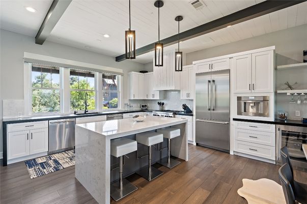 Interior, Kitchen, Pendant Lights, Recessed Lighting, Stainless Steel Appliances, Wood Texture Flooring