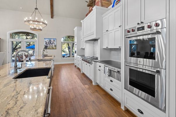 Interior, Kitchen, Pendant Lights, Stainless Steel Appliances, Wooden Beams, Wood Texture Flooring