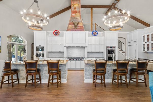 Chandelier, Interior, Kitchen, Pendant Lights, Recessed Lighting, Stainless Steel Appliances, Wooden Beams, Wood Texture Flooring