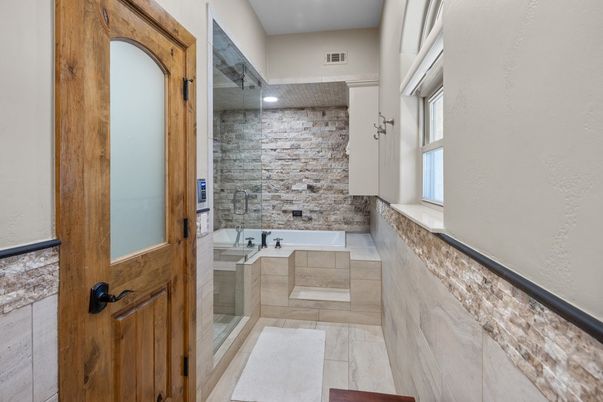 Bathroom, Glass Shower, Interior, Recessed Lighting, Stone Walls