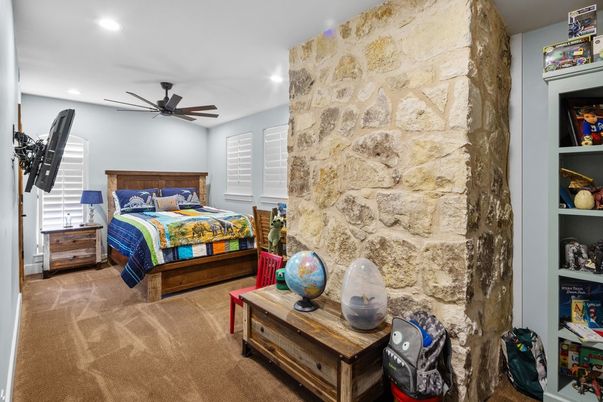 Bedroom, Interior, Recessed Lighting, Stone Walls