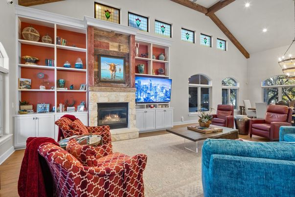 Fireplace, Interior, Living room, Pendant Lights, Recessed Lighting, Wooden Beams, Wood Texture Flooring