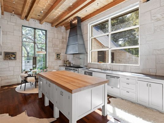 Interior, Kitchen, Stainless Steel Appliances, Stone Walls, Wooden Beams, Wooden Ceilings, Wood Texture Flooring