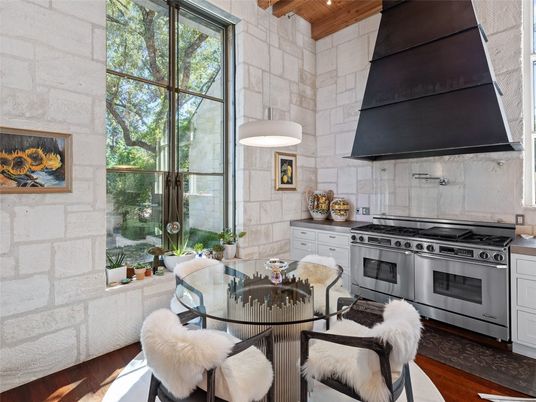 Dining room, Interior, Kitchen, Pendant Lights, Stainless Steel Appliances, Stone Walls, Wooden Beams, Wooden Ceilings, Wood Texture Flooring