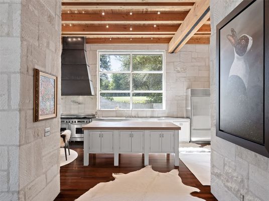Interior, Kitchen, Stainless Steel Appliances, Stone Walls, Wooden Beams, Wooden Ceilings, Wood Texture Flooring