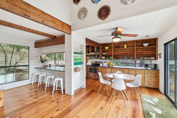Dining room, Interior, Kitchen, Stainless Steel Appliances, Wooden Beams, Wood Texture Flooring