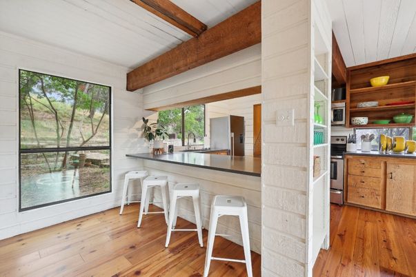 Interior, Kitchen, Stainless Steel Appliances, Wooden Beams, Wood Texture Flooring