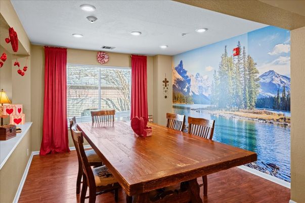 Dining room, Interior, Recessed Lighting, Wood Texture Flooring