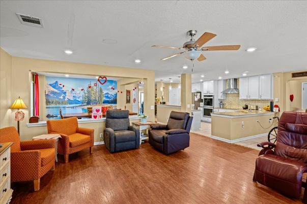 Interior, Kitchen, Living room, Recessed Lighting, Stainless Steel Appliances, Wood Texture Flooring